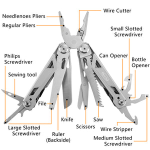 RoverTac Multi Tool Pocket Knife  Tactical Camping Survival Knife Gifts for Men Dad Husband 16 in 1  Multitool Pliers Scissors Saw Corkscrew Bottle Opener Screwdrivers