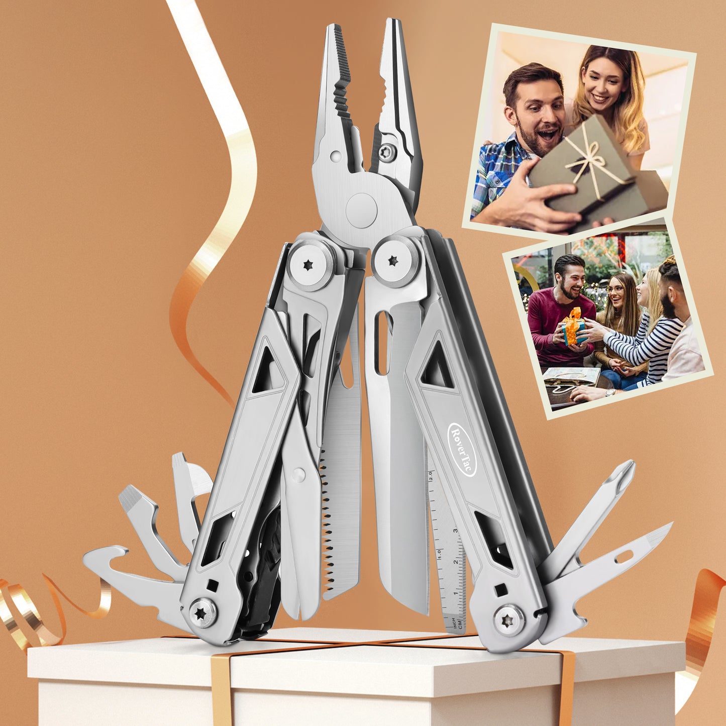 RoverTac Multi Tool Pocket Knife Tactical Camping Survival Knife Gifts for Men Dad Husband 16 in 1 Multitool Pliers Scissors Saw Corkscrew Bottle Opener Screwdrivers