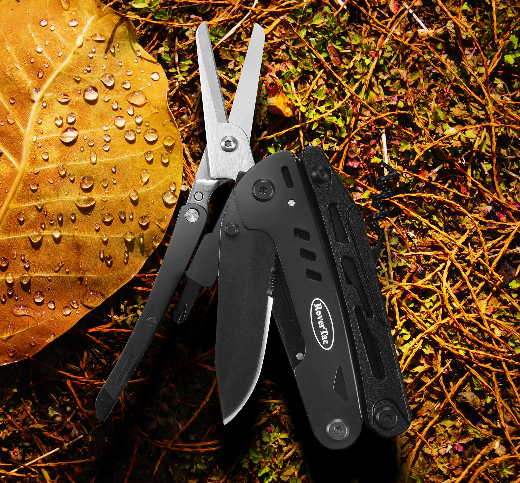 RoverTac Multitool Knife Camping Survival Knife Unique Gifts for Men Dad Husband 18 in 1 Multitools Knife Pliers Scissors Saw Corkscrew Bottle Opener 9-Pack Screwdrivers with Safety Lock Nylon Sheath