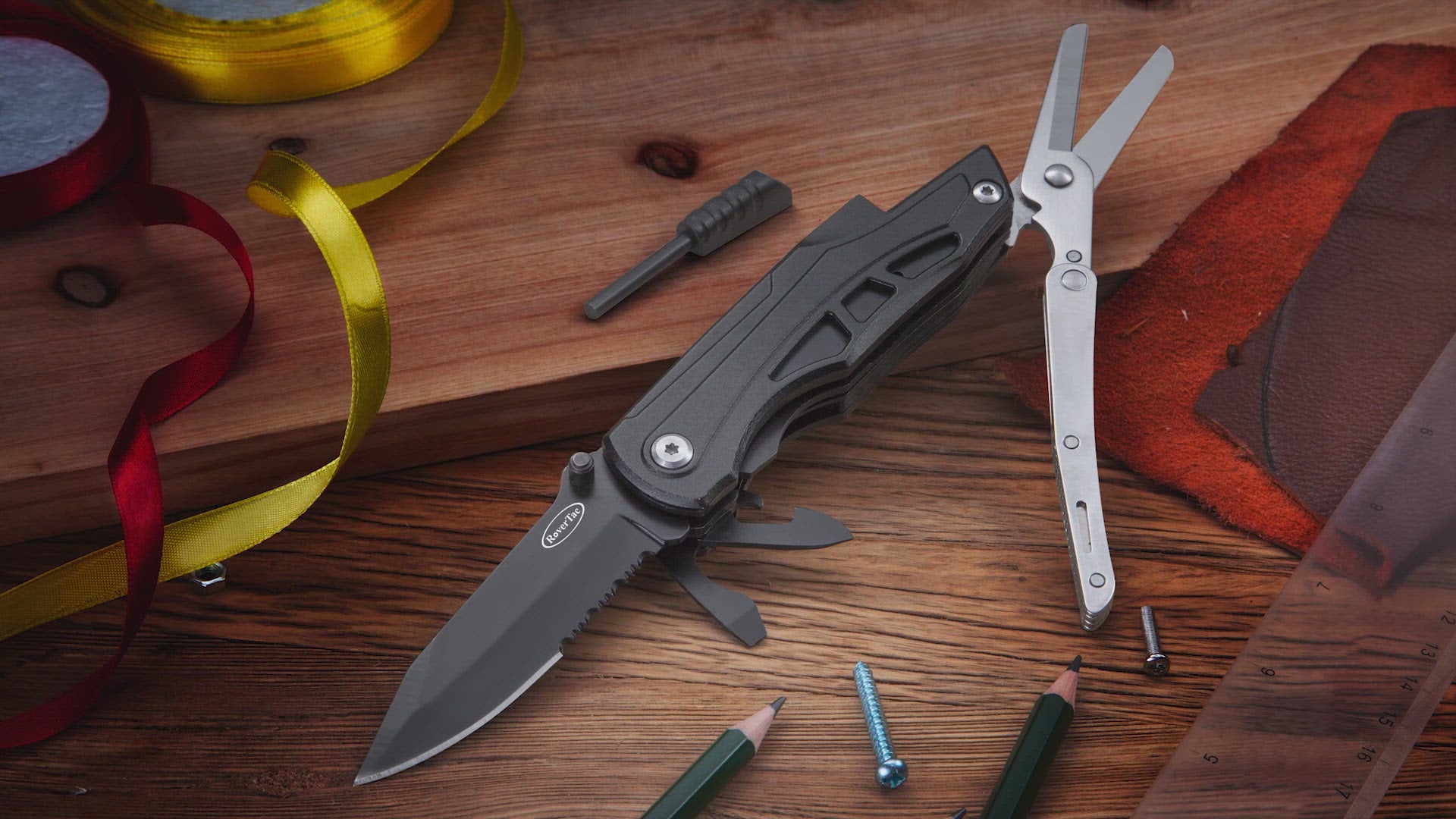 RoverTac Pocket Knife Multi Tool Tactical Knife Multitool Knife with Scissors Bottle and Can Opener Fire Starter Whistle Screwdriver Perfect for Camping Hiking Survival Christmas Gifts for Men Dad