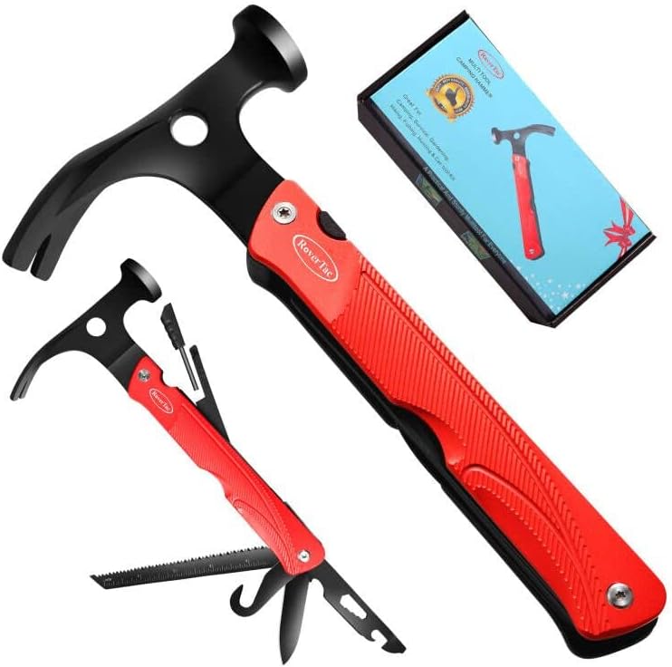 RoverTac 13-in-1 Multi Tool Christmas Gifts for Men Dad Camping Essentials Survival Gear Garden Multitool Hammer Knife Saw Tent Stake Puller Digging Tool Bottle Opener Whistle Fire Starter Mens Gifts