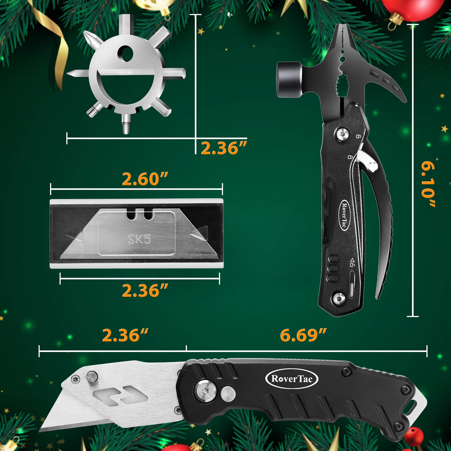 RoverTac Tool Set for Mens Gifts, Christmas Gifts for Men Women Dad Husband, Birthday Gifts, Christmas Stocking Stuffers for Men, 12 in 1 Multitool Hammer Box Cutter Snowflake, Christmas Gifts for Men
