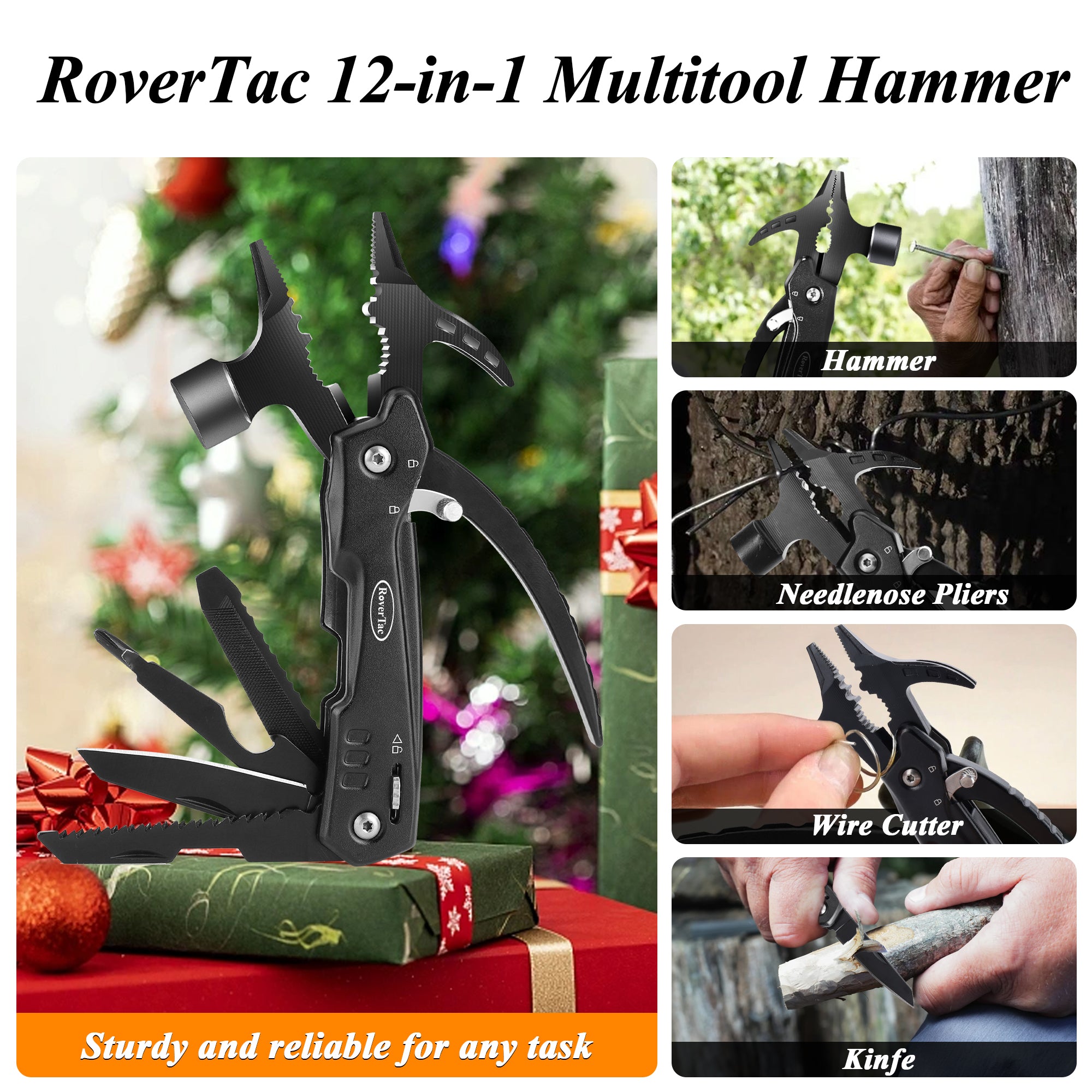 RoverTac Tool Set for Mens Gifts, Christmas Gifts for Men Women Dad Husband, Birthday Gifts, Christmas Stocking Stuffers for Men, 12 in 1 Multitool Hammer Box Cutter Snowflake, Christmas Gifts for Men