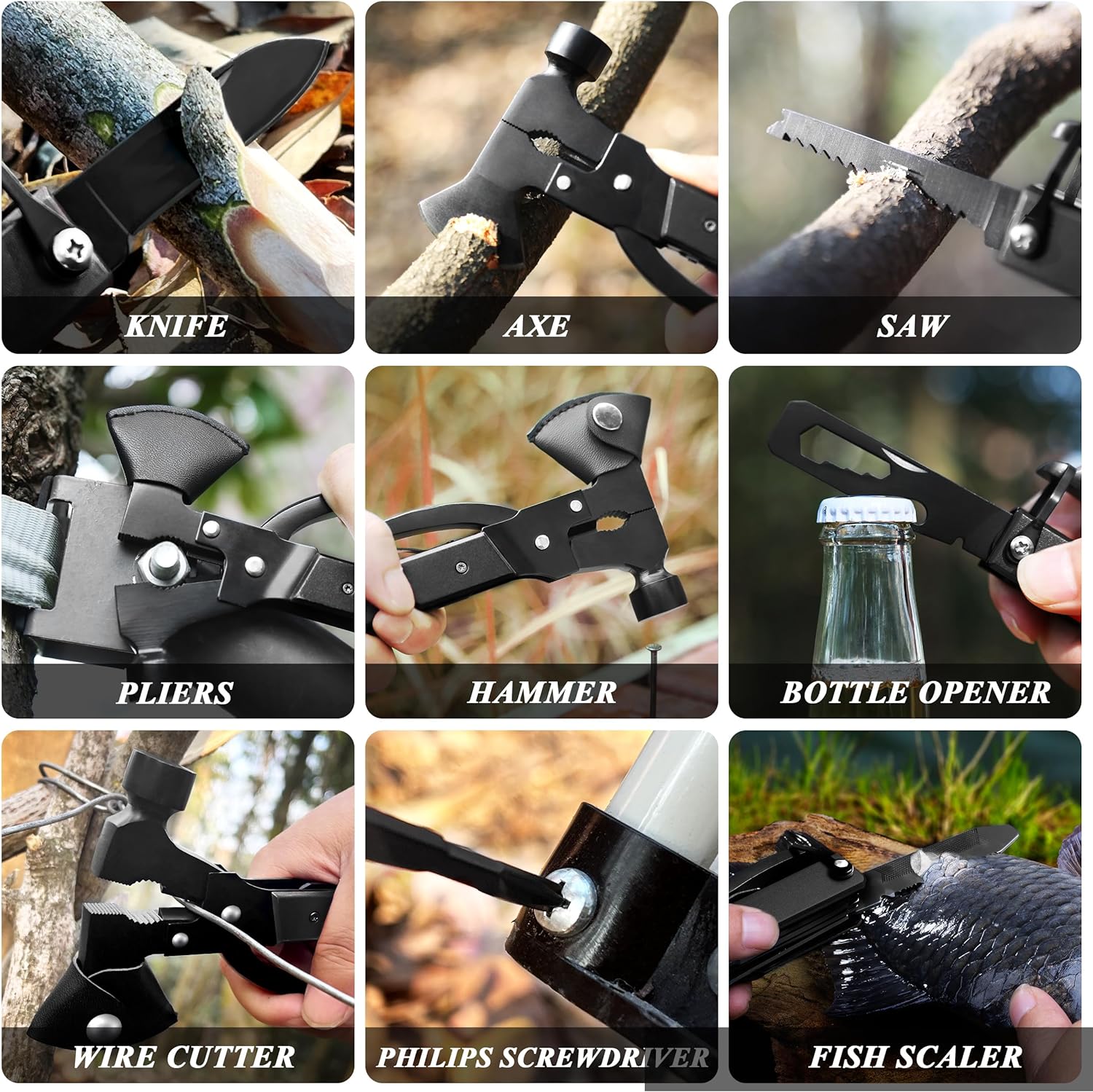 RoverTac Multitool Axe Camping Survival Gear Christmas Gifts for Men Dad Him 14-in-1 Multi Tool Knife Hammer Pliers Saw Screwdrivers Bottle Can Opener Nylon Sheath Perfect for Camping Hiking Survival