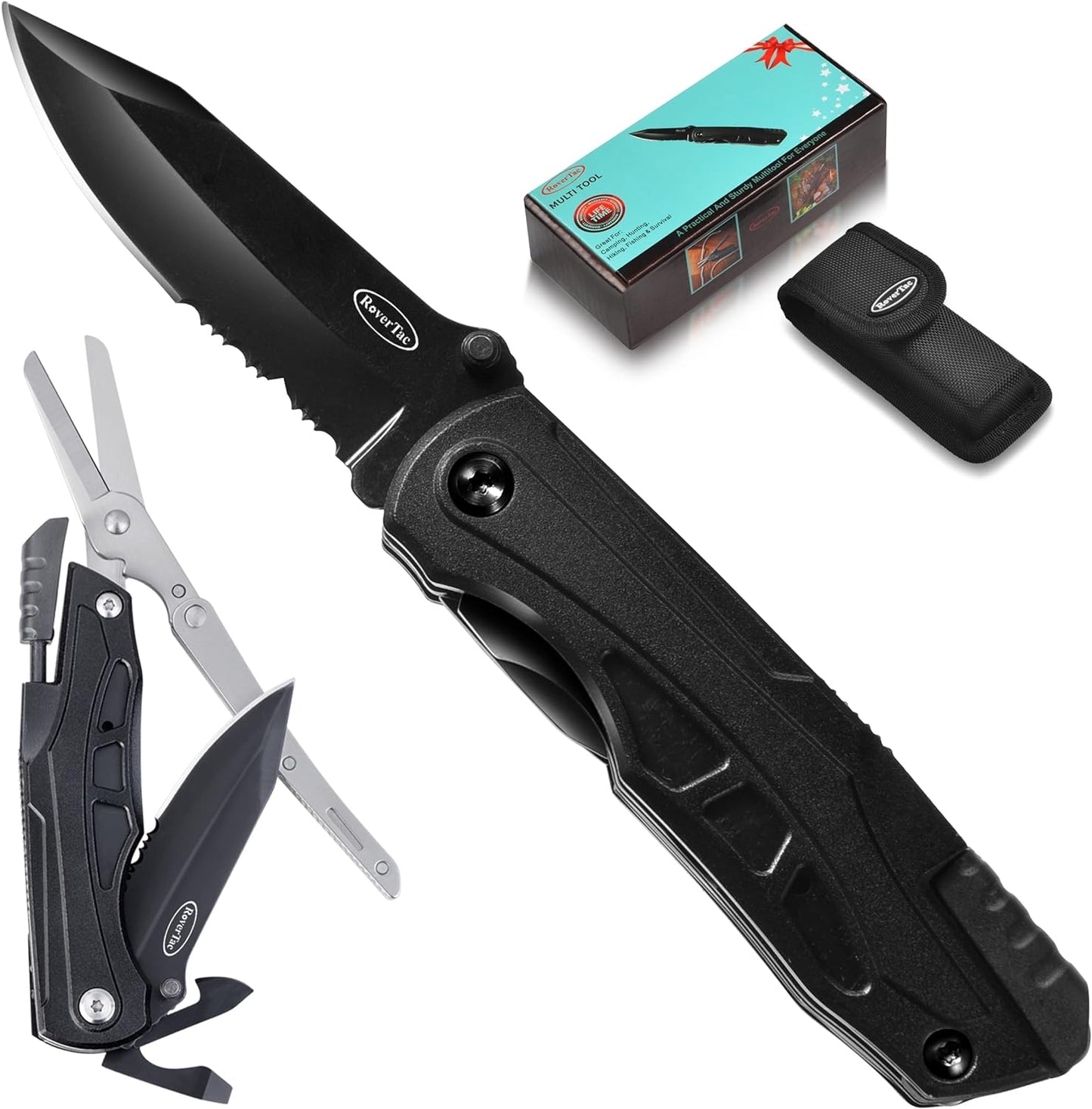 RoverTac Pocket Knife Multi Tool Tactical Knife Multitool Knife with Scissors Bottle and Can Opener Fire Starter Whistle Screwdriver Perfect for Camping Hiking Survival Christmas Gifts for Men Dad