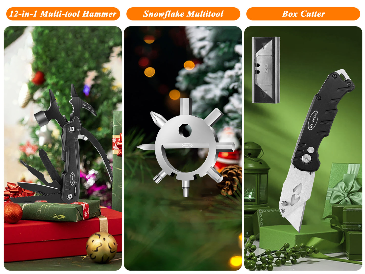 RoverTac Tool Set for Mens Gifts, Christmas Gifts for Men Women Dad Husband, Birthday Gifts, Christmas Stocking Stuffers for Men, 12 in 1 Multitool Hammer Box Cutter Snowflake, Christmas Gifts for Men