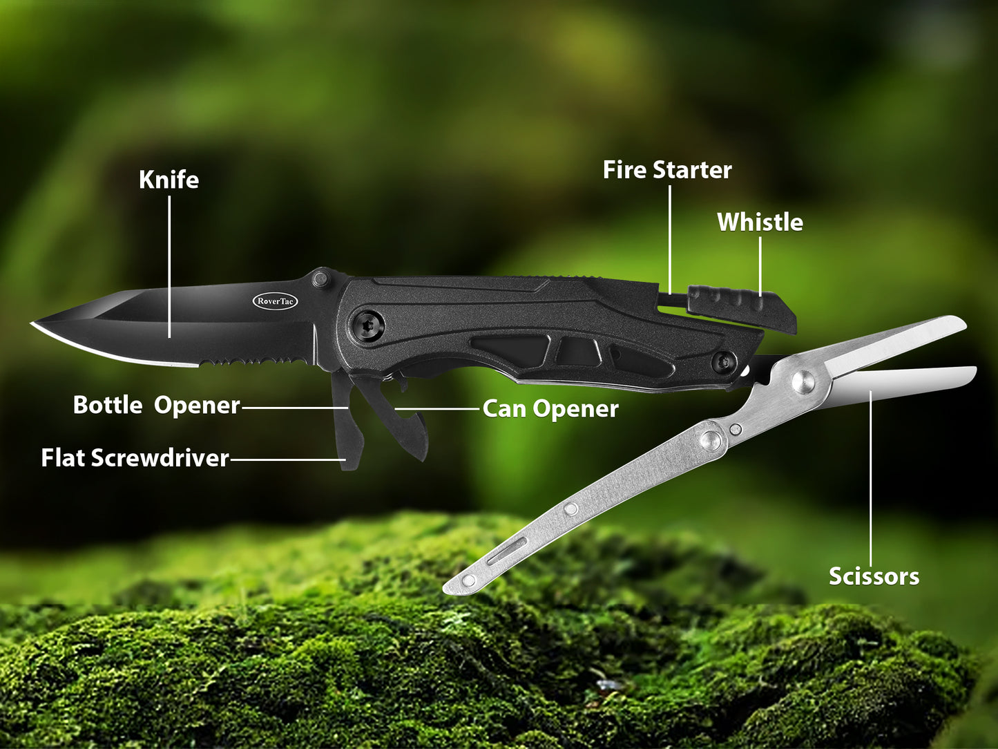 RoverTac Pocket Knife Multi Tool Tactical Knife Multitool Knife with Scissors Bottle and Can Opener Fire Starter Whistle Screwdriver Perfect for Camping Hiking Survival Christmas Gifts for Men Dad