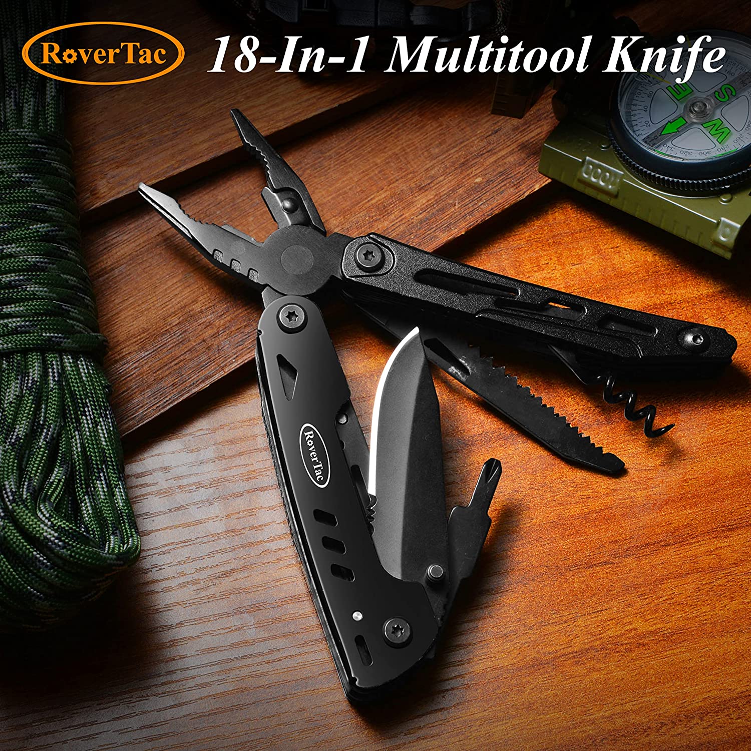 RoverTac Multitool Knife Camping Survival Knife Unique Gifts for Men Dad Husband 18 in 1 Multitools Knife Pliers Scissors Saw Corkscrew Bottle Opener 9-Pack Screwdrivers with Safety Lock Nylon Sheath