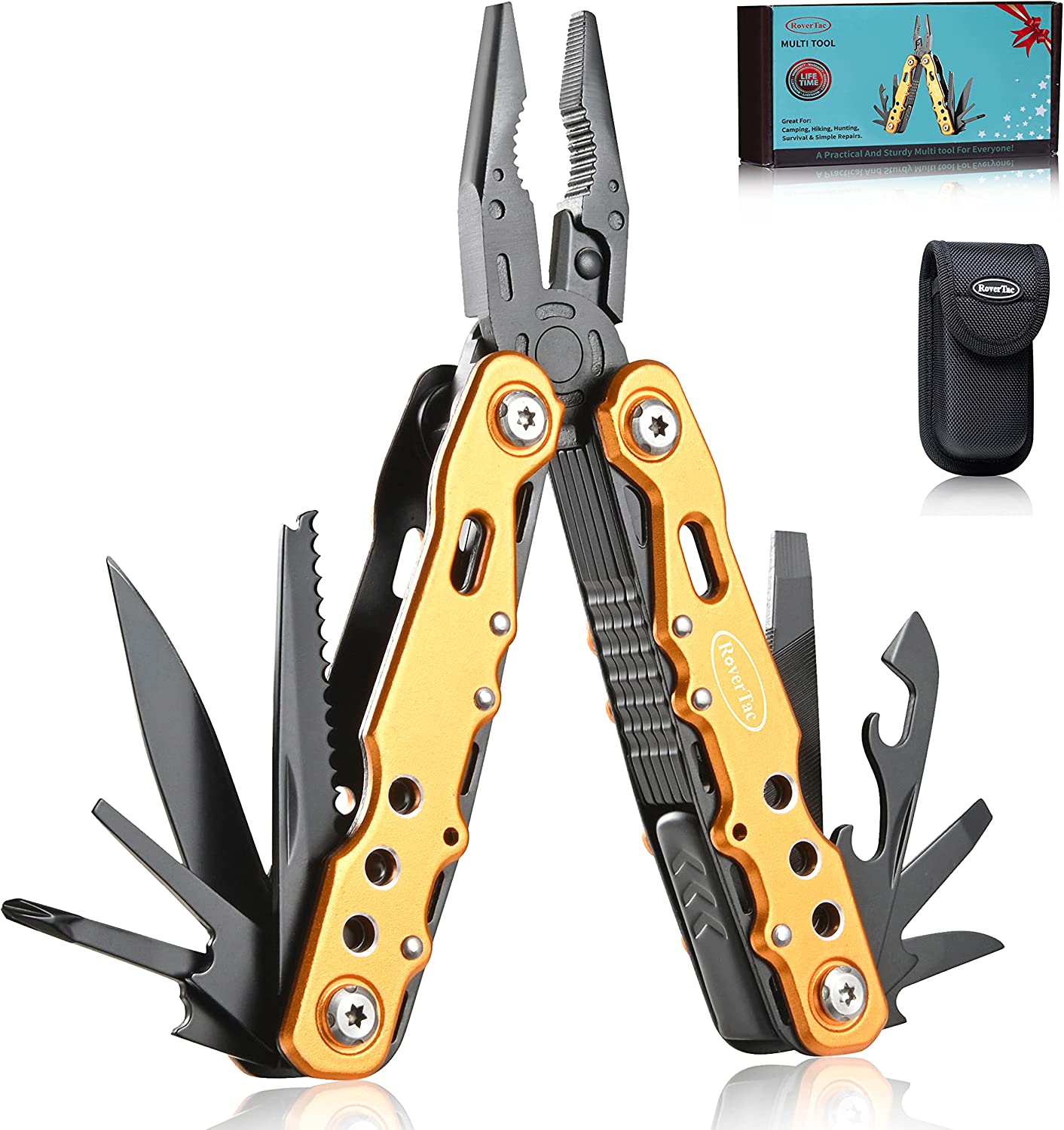 14-in-1 Multitool Pliers-Gold,Screwdrivers Saw Bottle Opener Perfect for Camping Survival Hiking Repairs