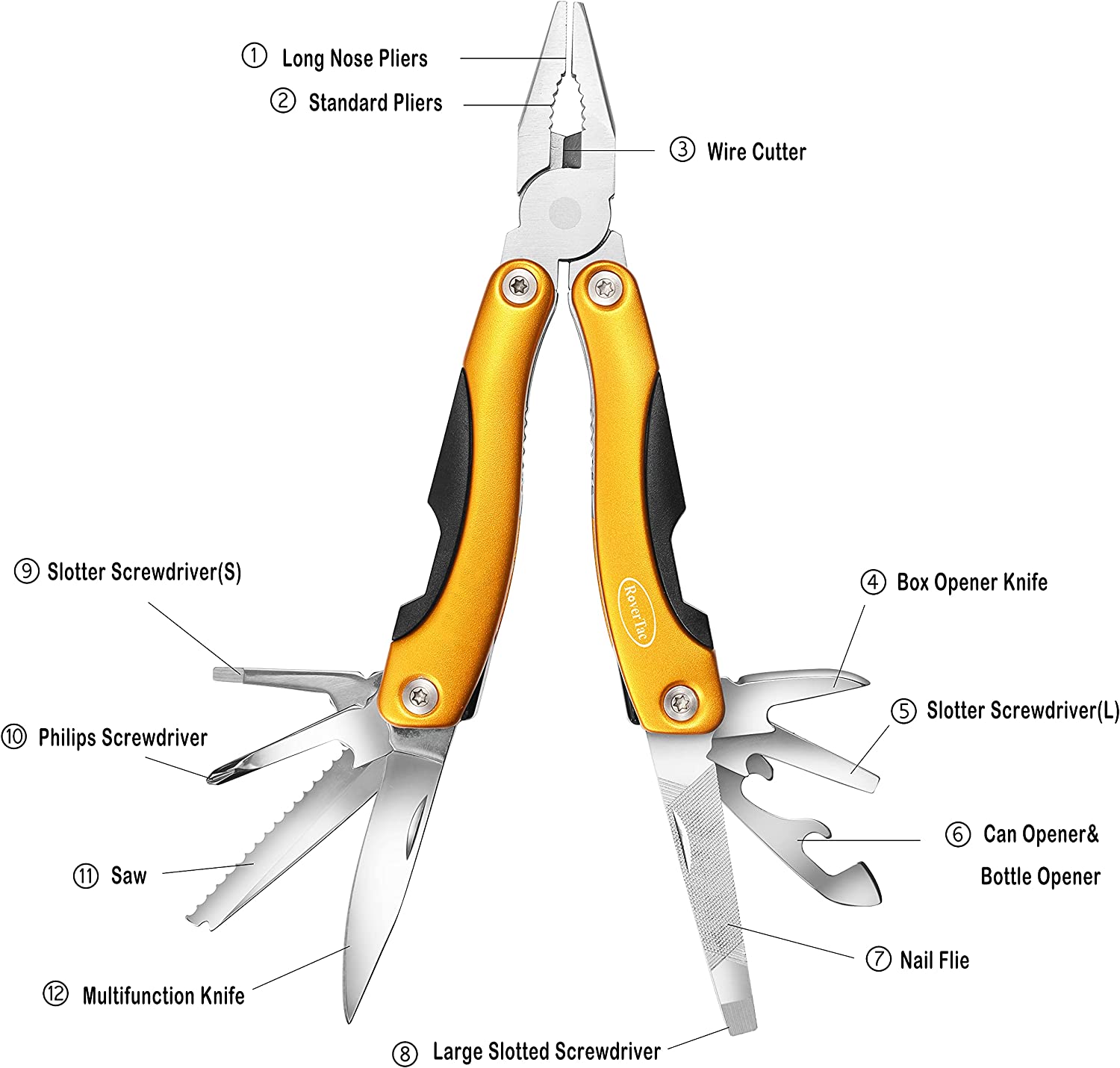 Multitool Knife Pliers with Safety Lock 12 in 1，Screwdriver Saw Bottle Opener for Camping Survival Hiking Fishing