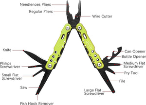 14-in-1 Multitool Pliers-Green Screwdrivers Saw Bottle Opener Perfect for Camping Survival Hiking Repairs