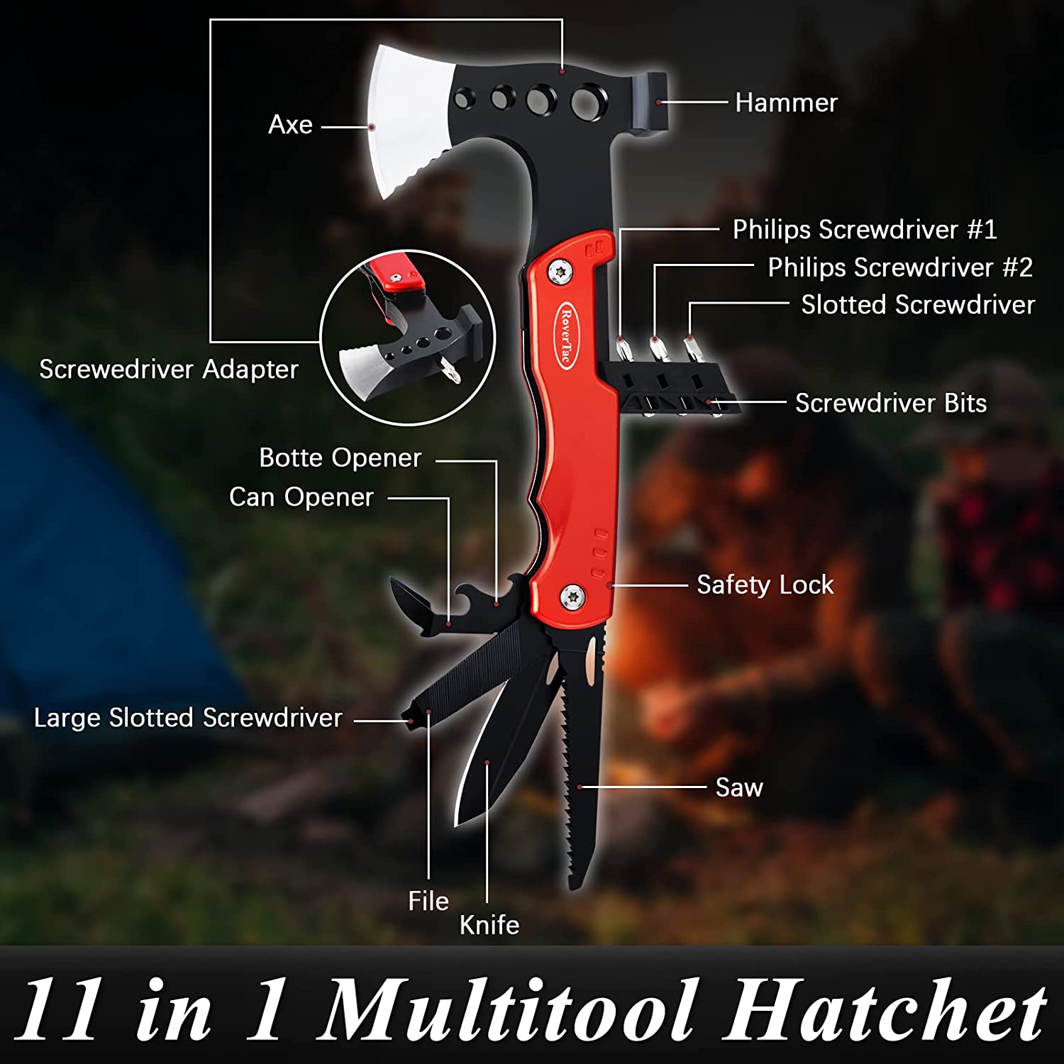 11-in-1 Upgraded Camping Tool with Safety Lock,Multitool Hatchet Accessories Survival Axe Gear Unique Gifts