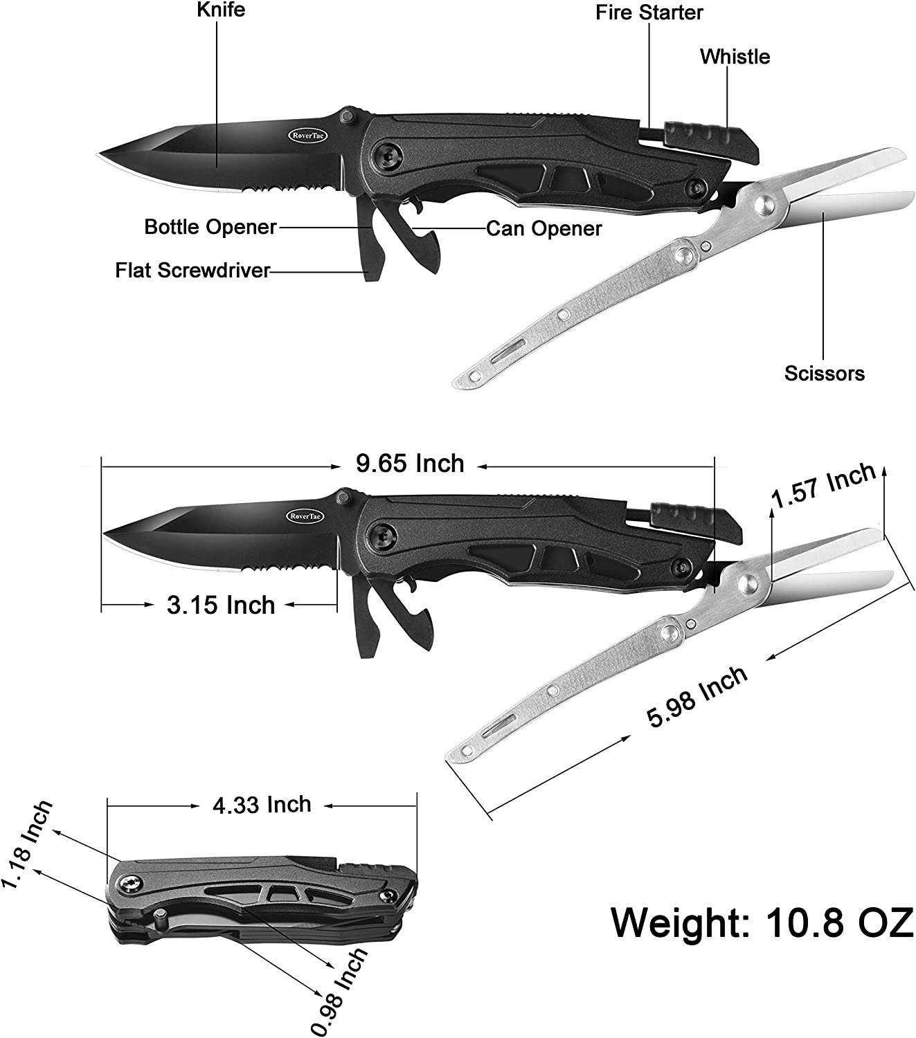 RoverTac Pocket Knife Multi Tool Tactical Knife Multitool Knife with Scissors Bottle and Can Opener Fire Starter Whistle Screwdriver Perfect for Camping Hiking Survival Christmas Gifts for Men Dad