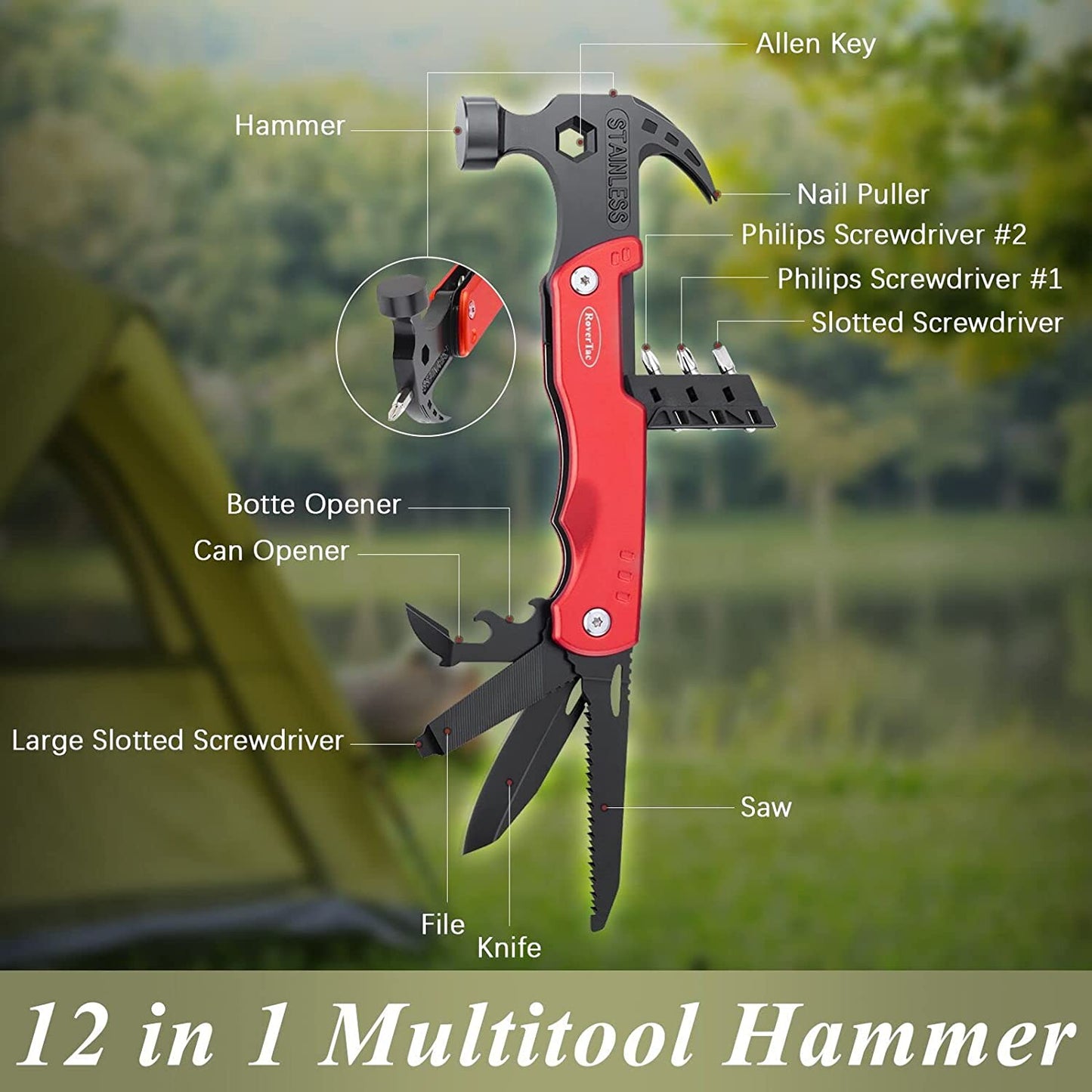 RoverTac Gifts for Dad from Daughter Son Wife, Unique Fathers Day Birthday Gifts Ideas for Dad Husband Men Him, Cool Gadgets for Mens Gifts, 12-in-1 Multitool Hammer Camping Survival Gear