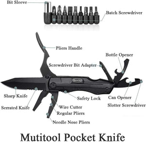 EDC Multitool Folding Knife with Safety Lock-Black for Camping Fishing Hiking Adventuring