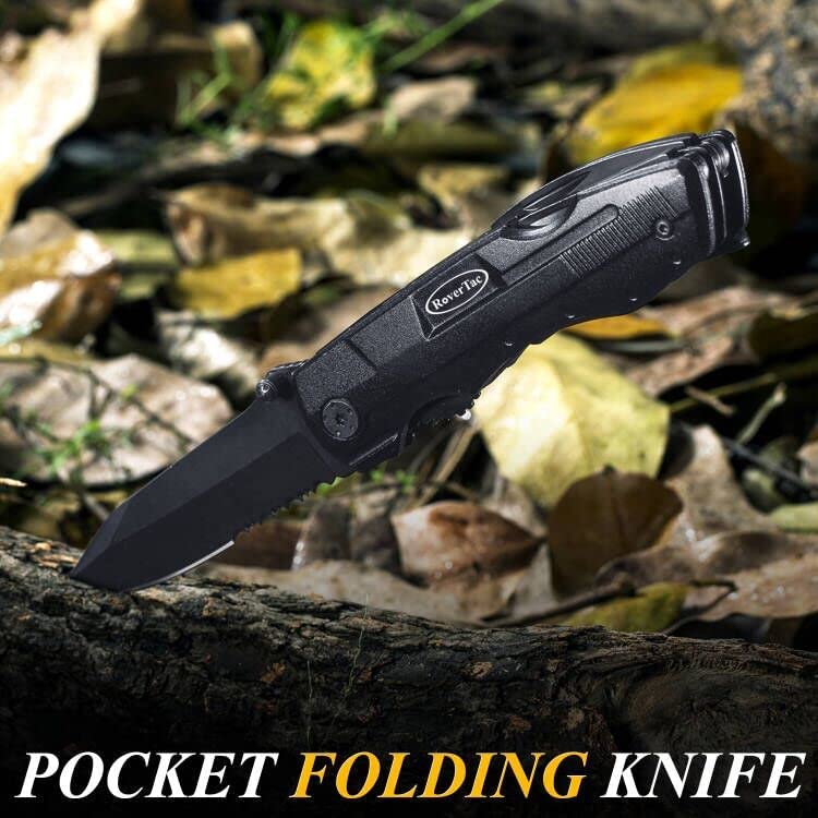 RoverTac Pocket Knife Tactical Folding Multi Tool Knife with Pliers Bottle & Can Opener 9-Pack Screwdrivers Liner Lock Nylon Sheath Perfect for Camping Survival Hiking