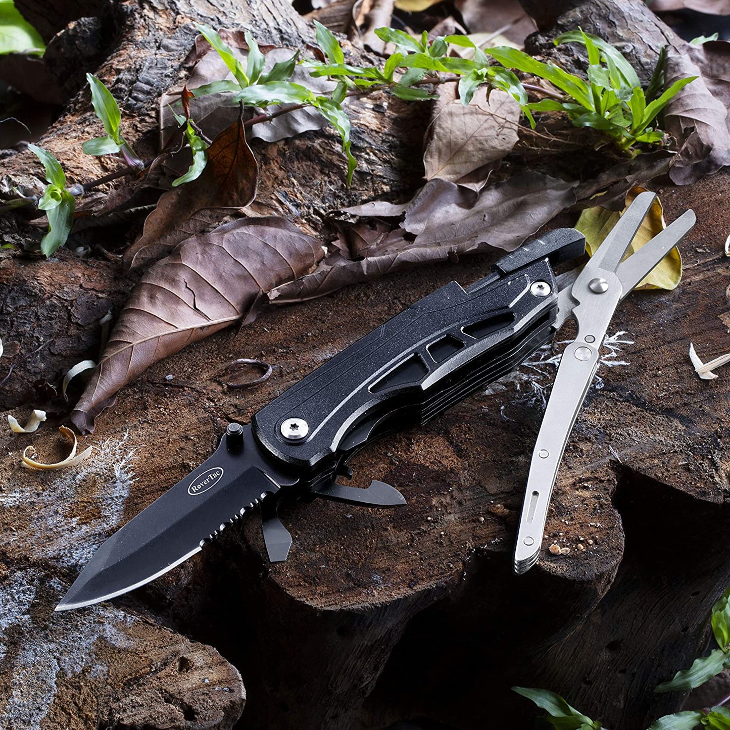 RoverTac Pocket Knife Multi Tool Tactical Knife Multitool Knife with Scissors Bottle and Can Opener Fire Starter Whistle Screwdriver Perfect for Camping Hiking Survival Christmas Gifts for Men Dad