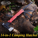 Load image into Gallery viewer, RoverTac Camping Hatchet Multitool Axe Survival Gear Gifts for Men Dad Him 14-in-1 Axe Hammer Knife Saw Bottle Opener Fire Starter Whistle Perfect for Camping Survival Hiking Fishing
