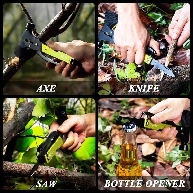 14-IN-1 Multitool Axe-Green,Saw Knife Hammer Pliers Screwdrivers Bottle Opener Durable Sheath