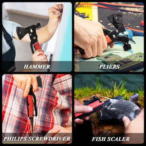 14-IN-1 Multitool Axe Red,Saw Knife Hammer Pliers Screwdrivers Bottle Opener Durable Sheath